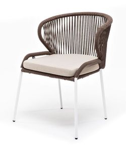 "Милан" стул плетеный из роупа, каркас алюминий белый муар, роуп коричневый круглый, ткань бежевая 052