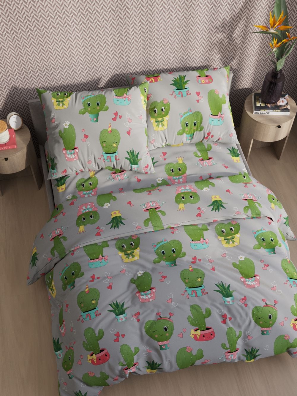 Наволочка комплект 2шт поплин Сказка "Кактусики" 50x70 см на молнии