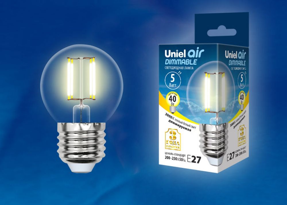 LED-G45-5W/WW/E27/CL/DIM GLA01TR Лампа светодиодная диммируемая. Форма шар, прозрачная. Серия Air. Теплый белый свет (3000K). Картон. ТМ Uniel