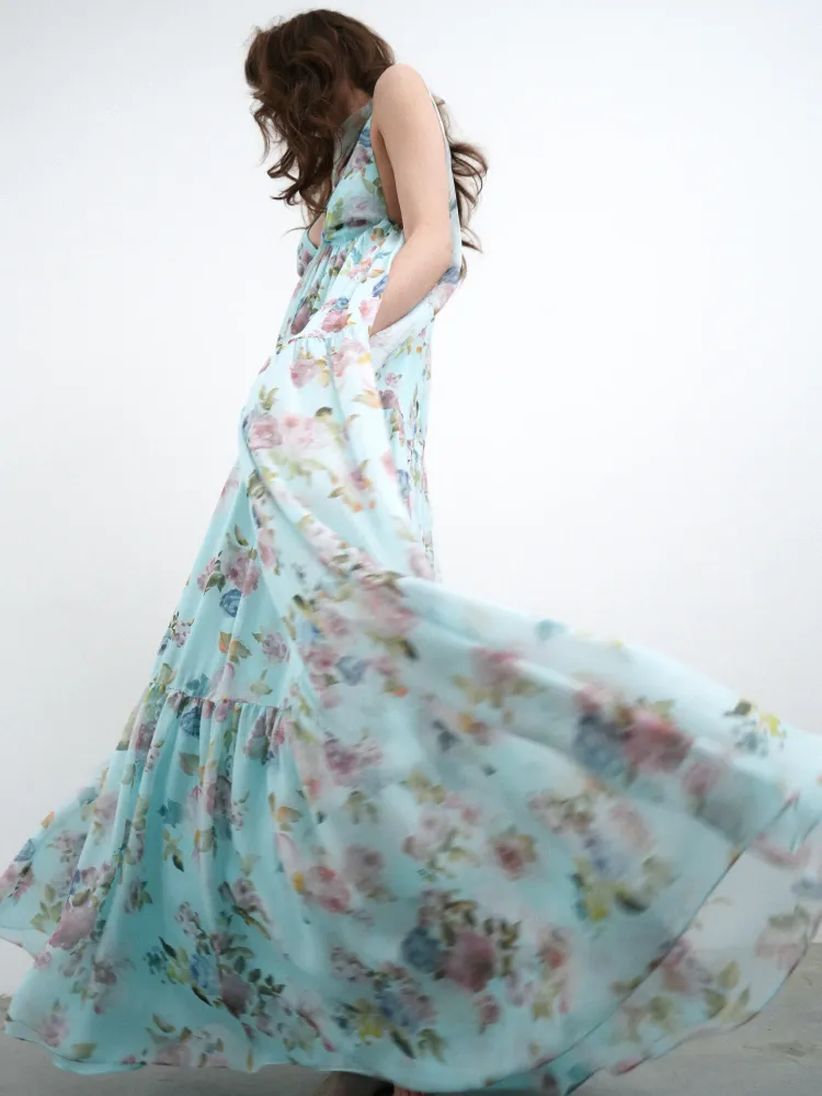 Флёр макси (Fleur maxi), платье макси из голубого шифона с цветочным принтом