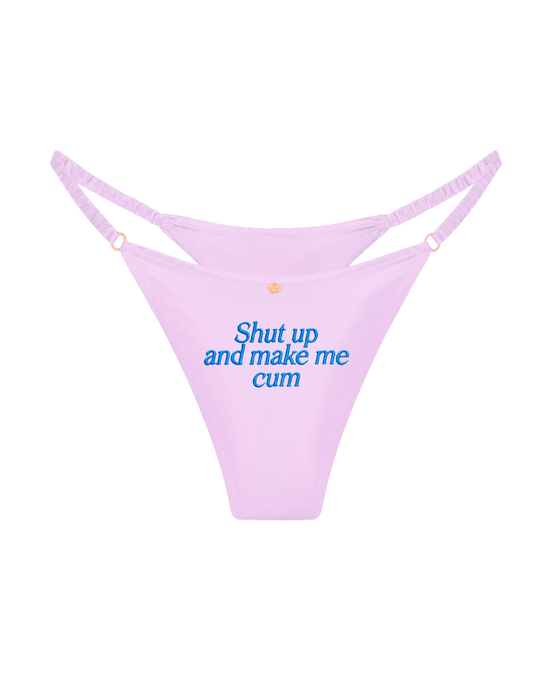 трусы стринги шелковые с надписью Shut up and make me cum сиреневые