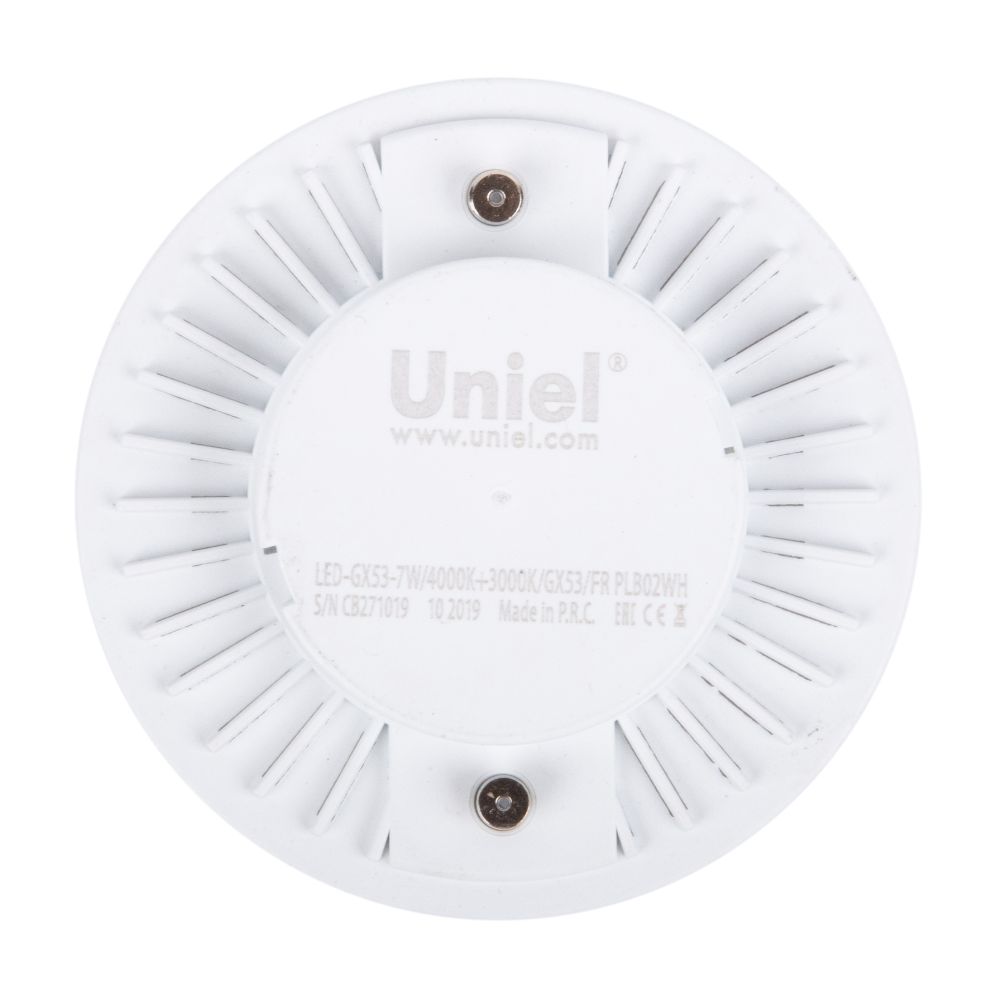 LED-GX53-7W-4000K+3000K-GX53-FR PLB02WH Лампа светодиодная. матовая. Белый свет 4000K. Торцевая подсветка. Теплый белый свет 3000K. Картон. ТМ Uniel.