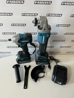 Набор аккумуляторного инструмента 2 в 1 FABOYA , ушм болгарка , гайковерт ударный , два аккумулятора , 4 ач .