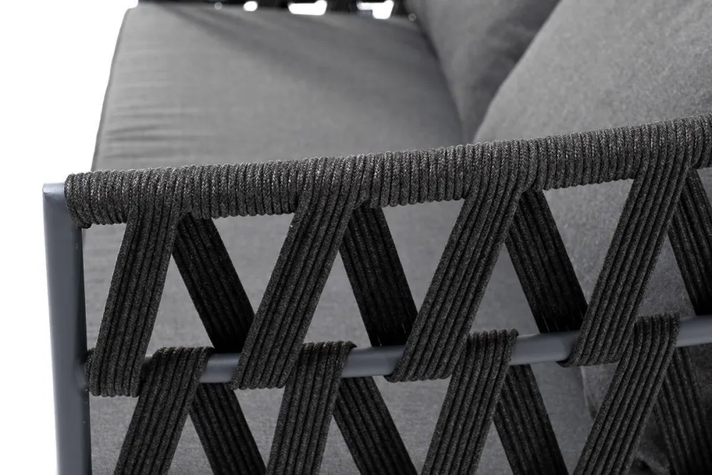"Диего" диван 2-местный плетеный из роупа, каркас алюминий темно-серый (RAL7024) муар, роуп темно-серый круглый, ткань темно-серая 027