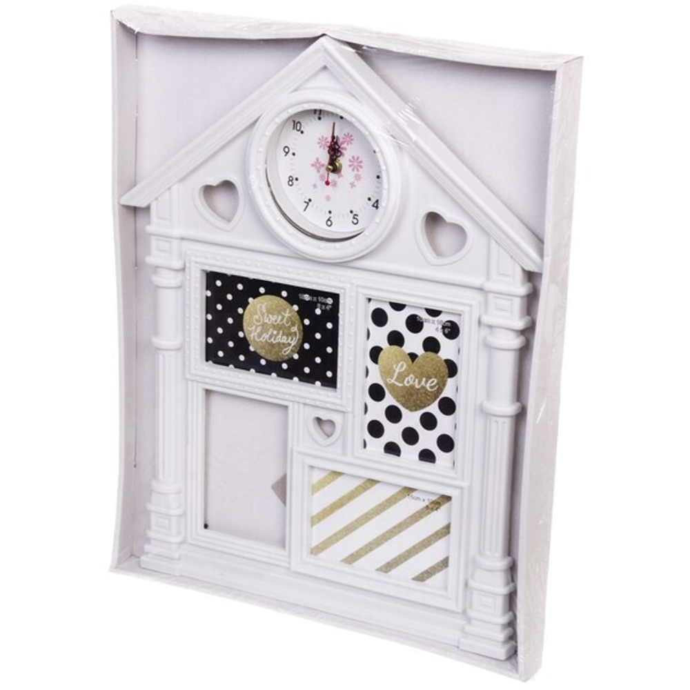 Фоторамка-коллаж 52*41см «Дом», цвет белый, на 4 фото, пластик, с часами
