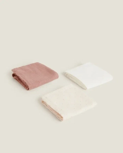 ZARA HOME ДЕТСКОЕ МУСЛИНОВОЕ ПОЛОТЕНЦЕ (НАБОР ИЗ 3 ШТ.), РОЗОВЫЙ
