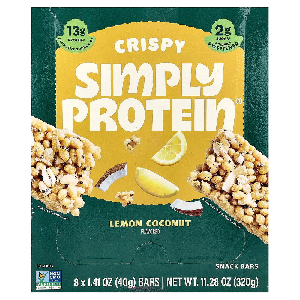 Simply Protein, хрустящие батончики-снеки, лимон и кокос, 8 батончиков по 40 г (1,41 унции)