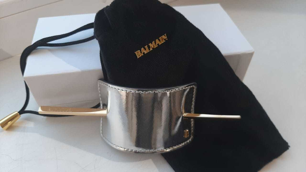 Balmain Hair Couture Заколка из серебряной кожи Genuine Leather Hair Barrette Silver