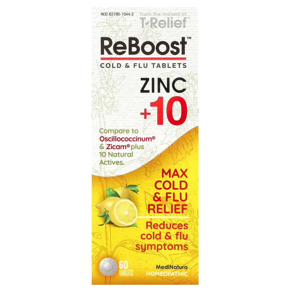 MediNatura, T-Relief, ReBoost, цинк + 10 ингредиентов, таблетки от простуды и гриппа, 60 таблеток