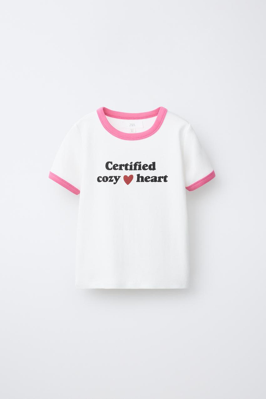 ZARA ФУТБОЛКА В РУБЧИК С КОНТРАСТНЫМ ТЕКСТОМ, ПАСТЕЛЬНО-РОЗОВЫЙ