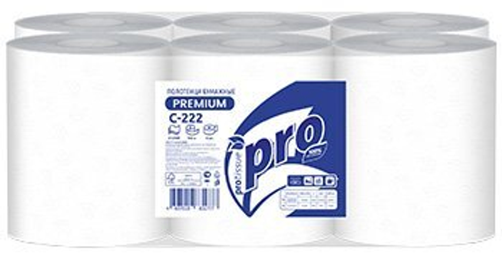 Полотенца бумажные PROtissue Premium, 150 метров, 2-слойные, белые, 6 рулонов в упаковке
