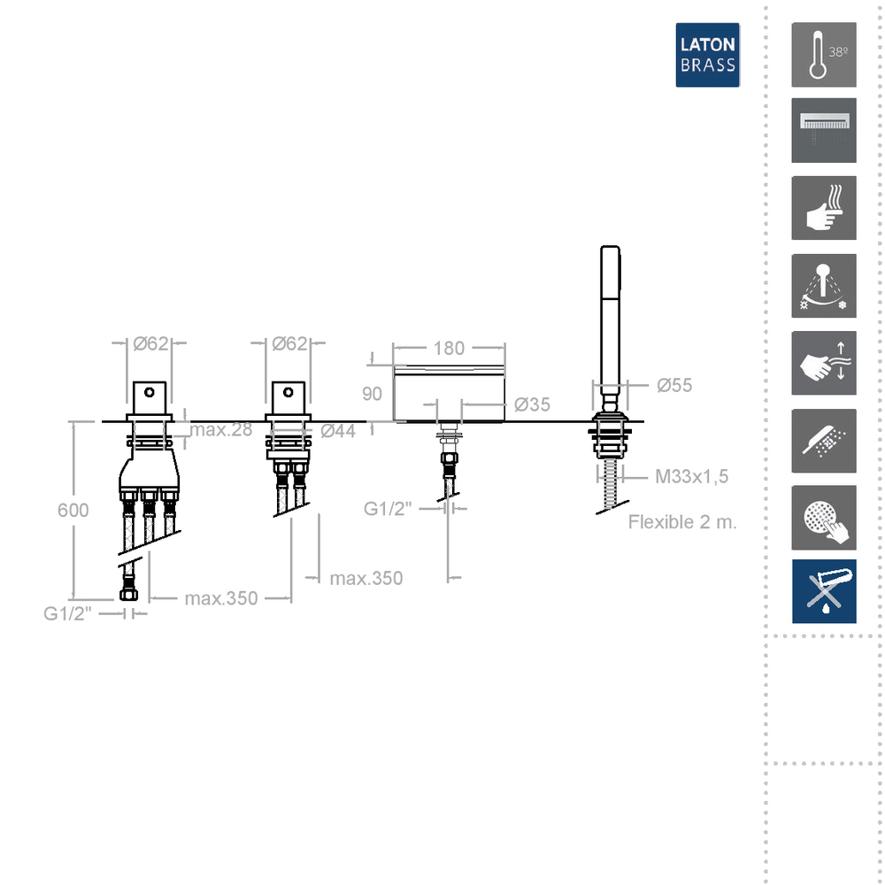 Встраиваемый термостатический смеситель на борт ванны с изливом и душевым комплектом URBAN CHIC