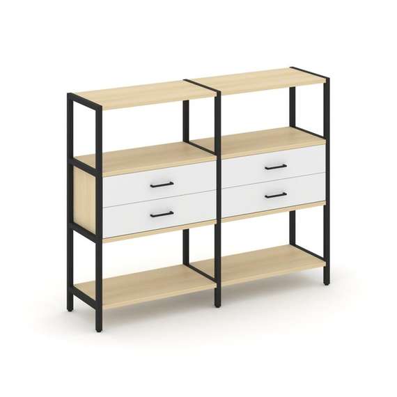 Shelf System Двухсекционный стеллаж трехярусный с ящиками SN.STM-322 Акация Лорка/Белый/Металл Черны