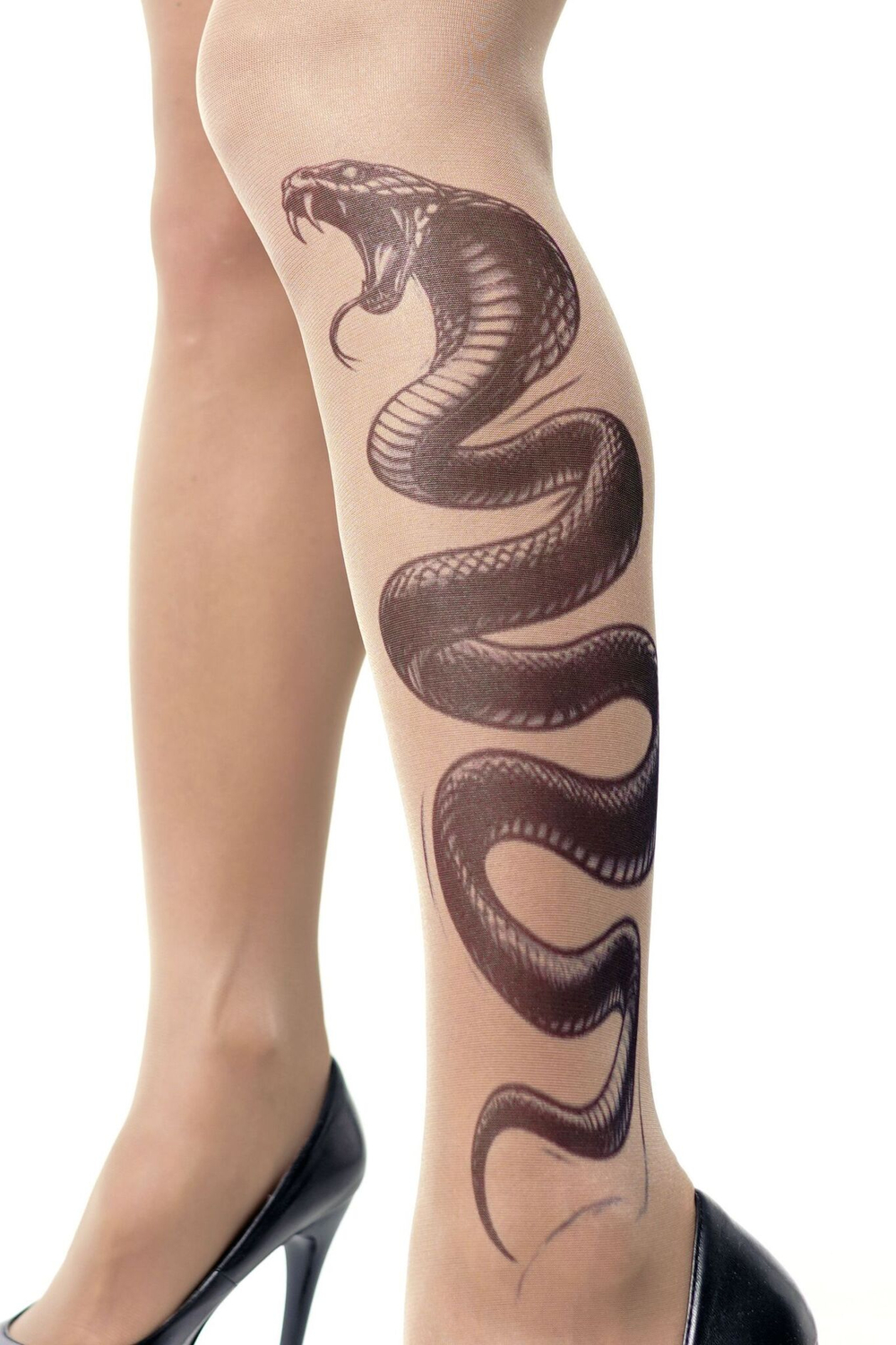 Колготки с принтом в виде кобры на левой ножке (Размер: S-M-L) (Цвет: бежевый)