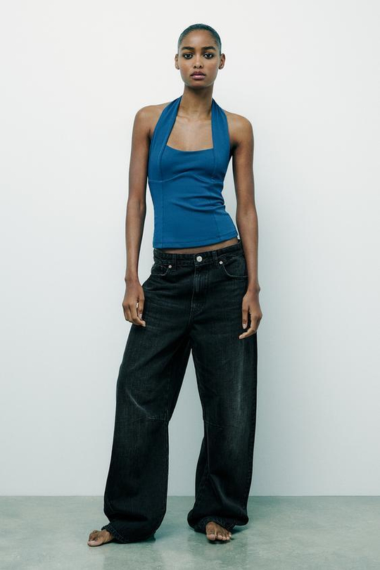 ZARA ЭЛАСТИЧНЫЙ ТОП С ГОРЛОВИНОЙ ХАЛТЕР И СБОРКОЙ, СИНИЙ