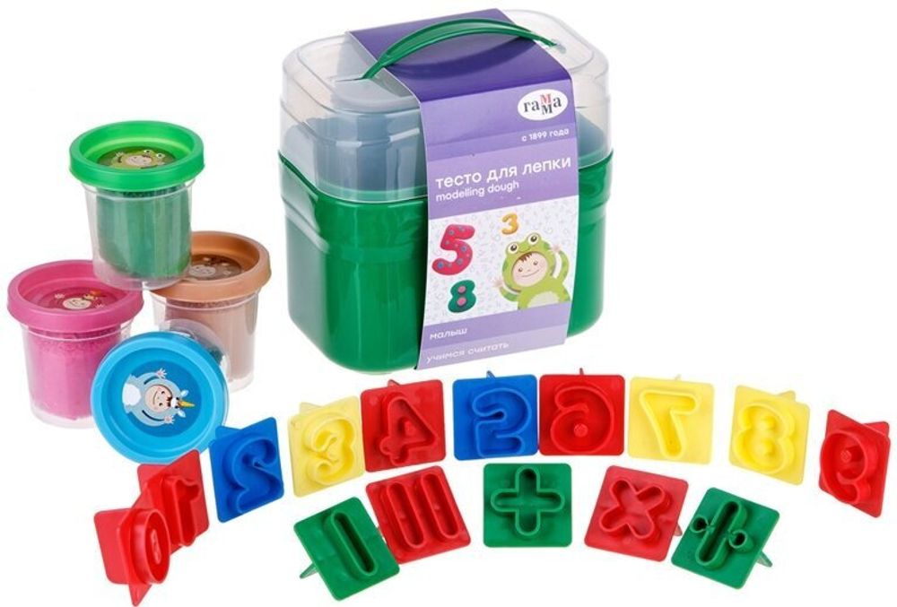 Тесто для лепки Гамма "Малыш. Учимся считать", 04 цвета, 240г, 15 формочек, пластиковый кейс