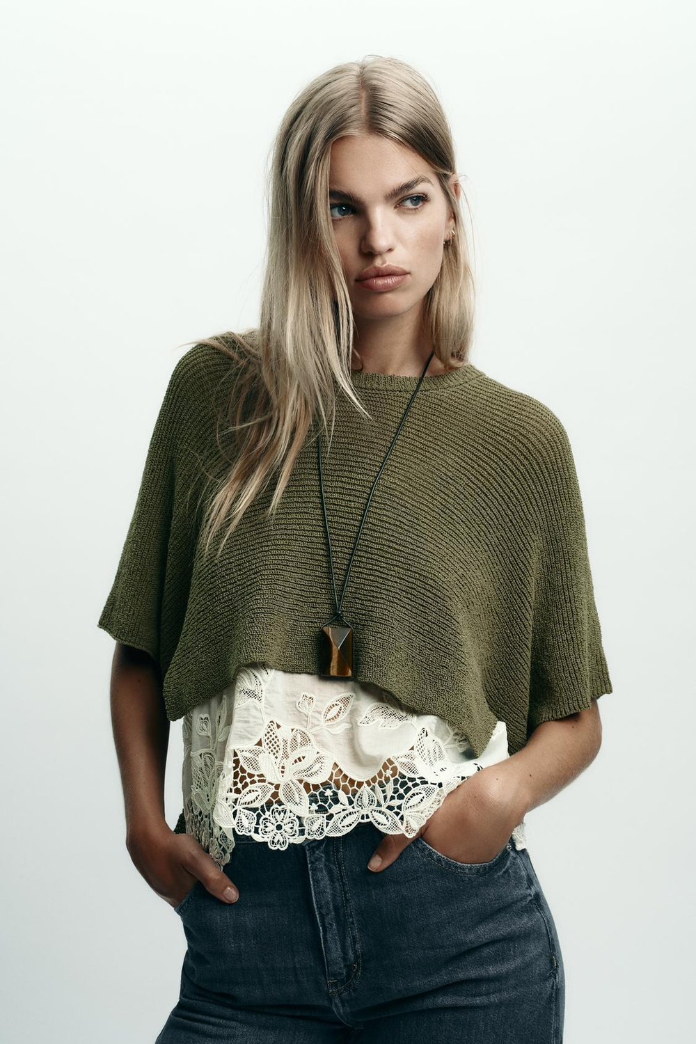 ZARA КОМБИНИРОВАННЫЙ ТРИКОТАЖНЫЙ ДЖЕМПЕР, ХАКИ