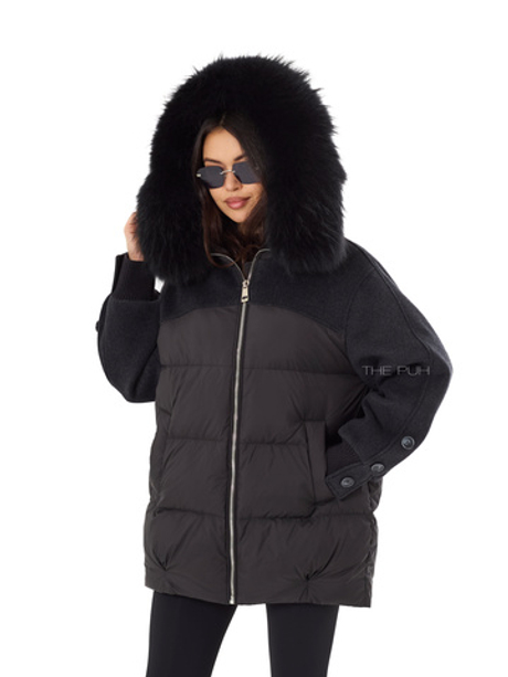 Удлиненный комбинированный пуховик черного цвета