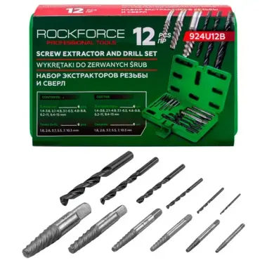 Экстракторы для извлечения заломанных болтов/гаек в комплекте со сверлами, набор 12пр. RockFORCE RF-924U12B