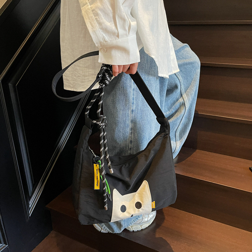 Нейлоновая сумка через плечо с нашивкой кошки, чёрная, 2491-3, Китай