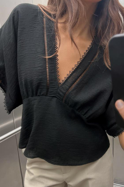 ZARA ТОП КИМОНО С КРУЖЕВОМ, ЧЕРНЫЙ