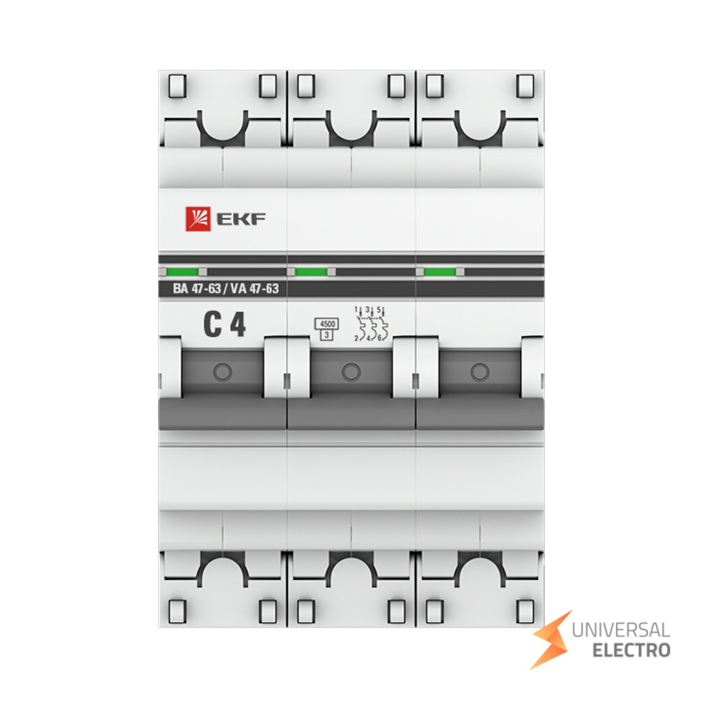 Автоматический выключатель 3P 4А (C) 4,5kA ВА 47-63 EKF PROxima