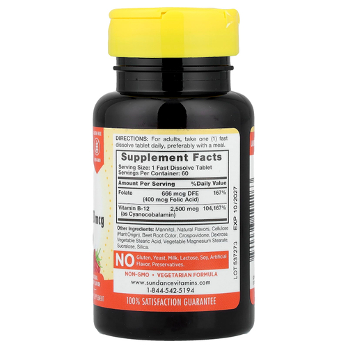 Sundance Vitamins, витамин B12 с фолиевой кислотой, быстрорастворимый, с натуральным ягодным вкусом, 60 быстрорастворимых таблеток
