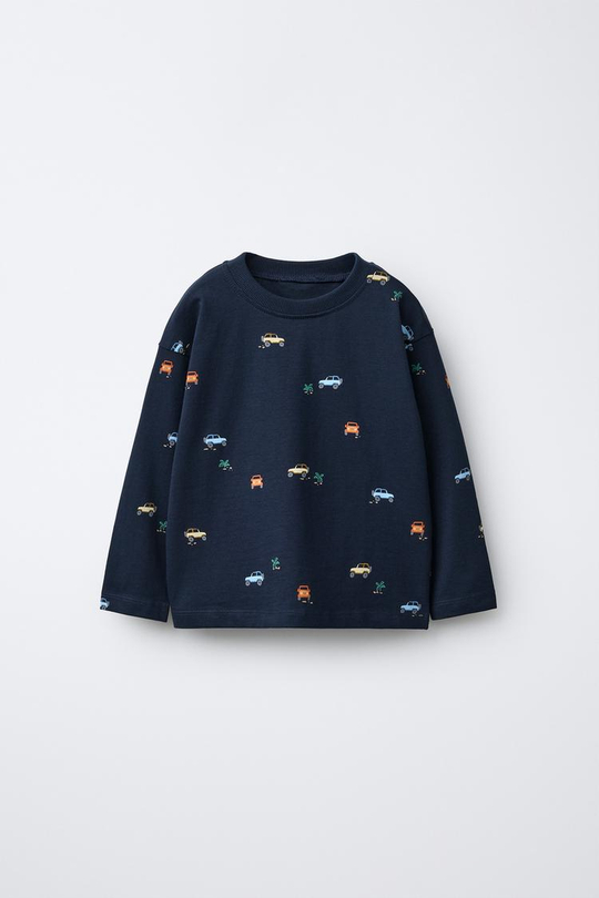 ZARA ФУТБОЛКА С ПРИНТОМ «МАШИНЫ», МОРСКОЙ СИНИЙ