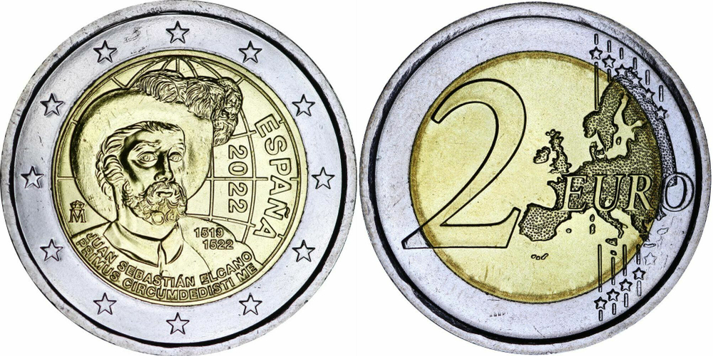 Испания 2 евро, 2022 500 лет первому кругосветному путешествию. Хуан Себастьян Элькано aUNC