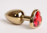 Золотистая анальная пробка с красным стразиком-сердечком - 7,5 см. (Цвет: красный)
