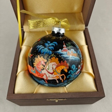 Коллекционный елочный шар с ручной росписью Палех "Тройка. Зима" на черном в футляре