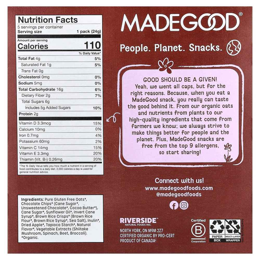 MadeGood, Granola Minis, шоколадная крошка, 5 пакетиков по 24 г (0,85 унции)