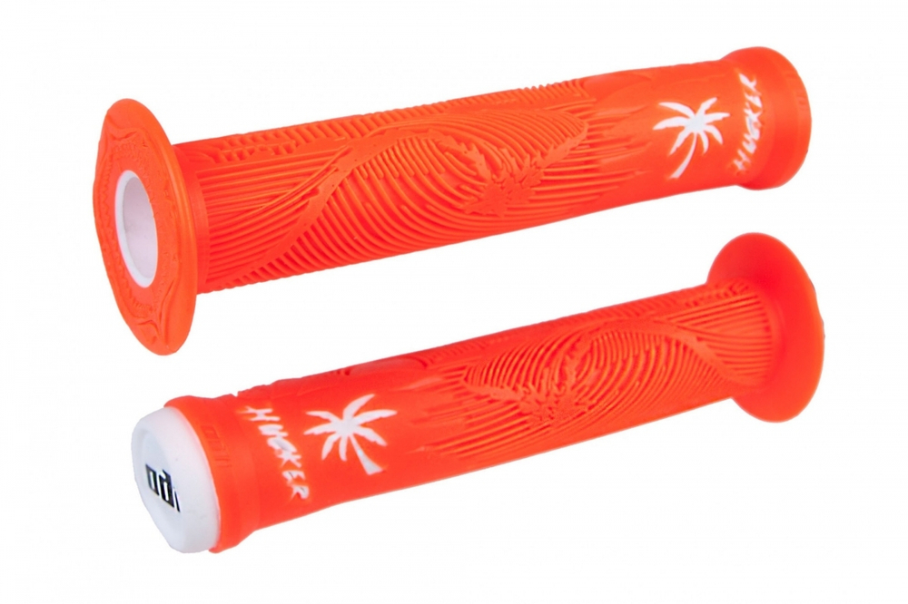 Грипсы ODI Hucker F10HFHO оранжево-белые, антипроскальзывающий материал, с пластиковыми грипстопами