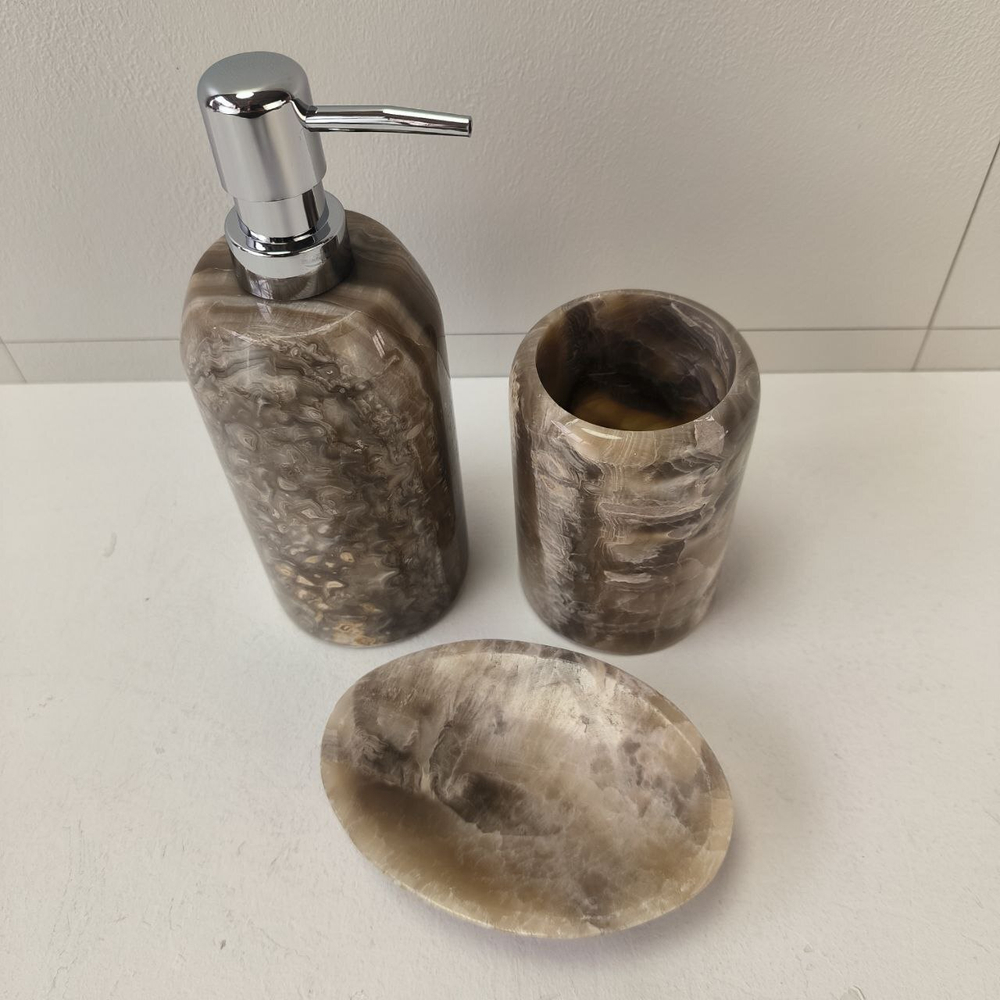 Набор из оникса 3 предм Grey NO-63261  дозатор, стаканчик, мыльница 151