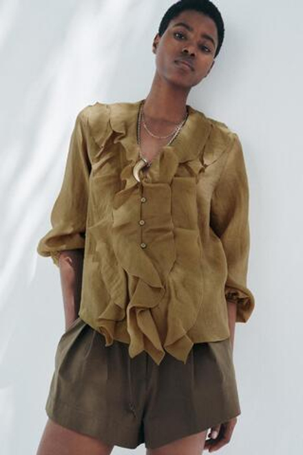 ZARA БЛУЗА С ВОЛАНАМИ — ZW COLLECTION, ГОРЧИЧНЫЙ