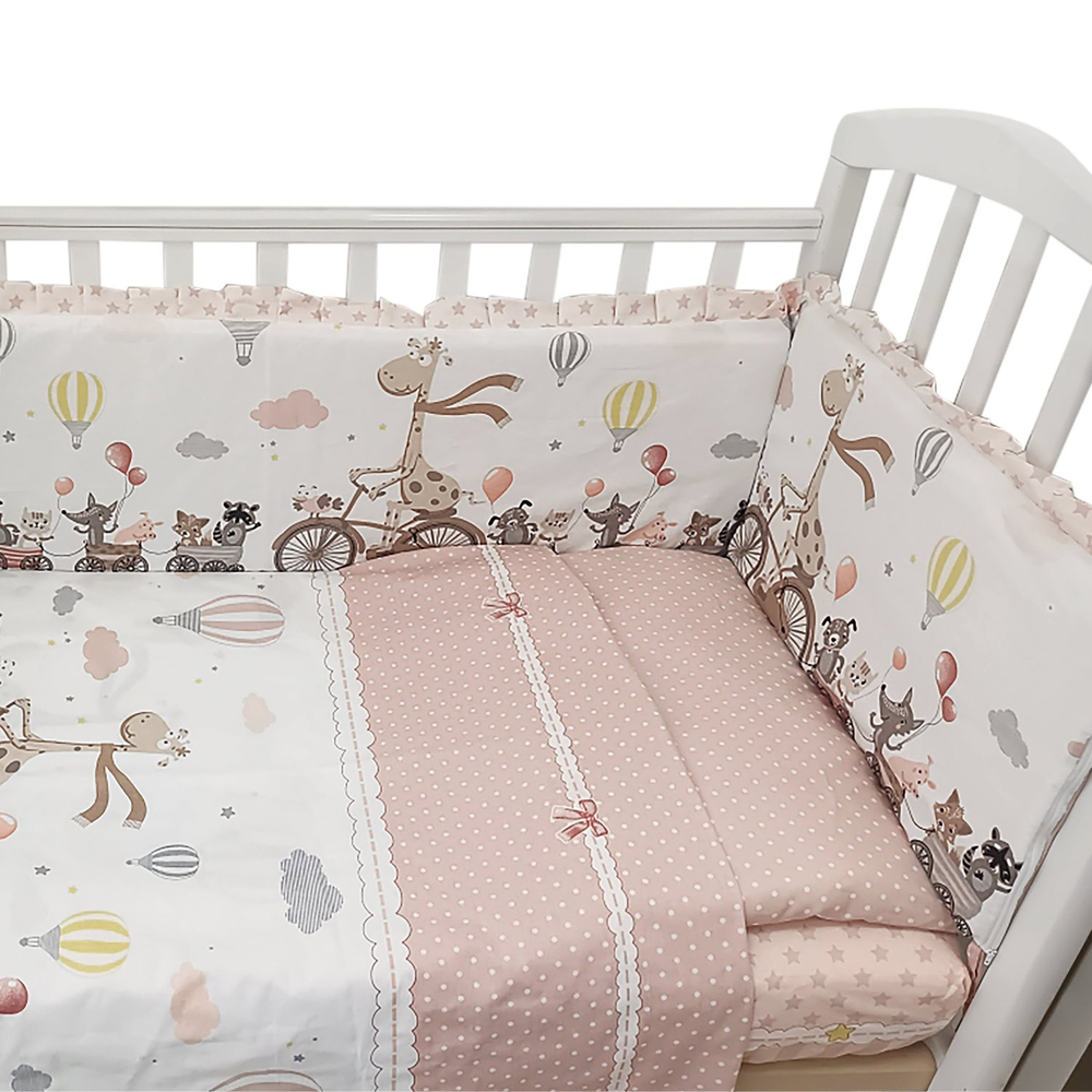 Комплект в детскую кроватку из 6 предметов "Жирафики" (бортики, одеяло, пододеяльник, наволочка, подушка 40/60 см, простынь) , розовый,100% хлопок бязь