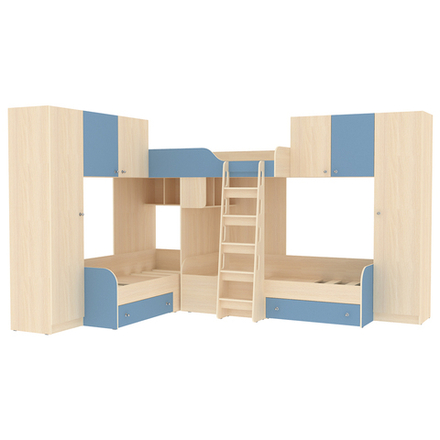 Трехместная кровать КарИВи Трио 3  Дуб Молочный Светло-синий, голубой