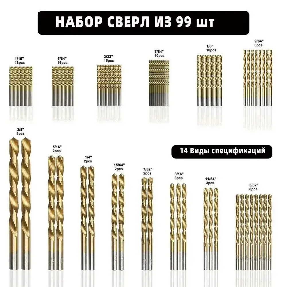 Сверло с круглый хвостовик по металлу, дереву, пластику, набор 99 шт (от 1.5мм до 10мм), Большой набор сверл