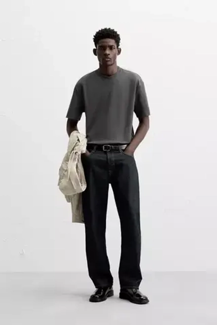 ZARA ФУТБОЛКА REGULAR FIT INTERLOCK, ТЕМНО-СЕРЫЙ