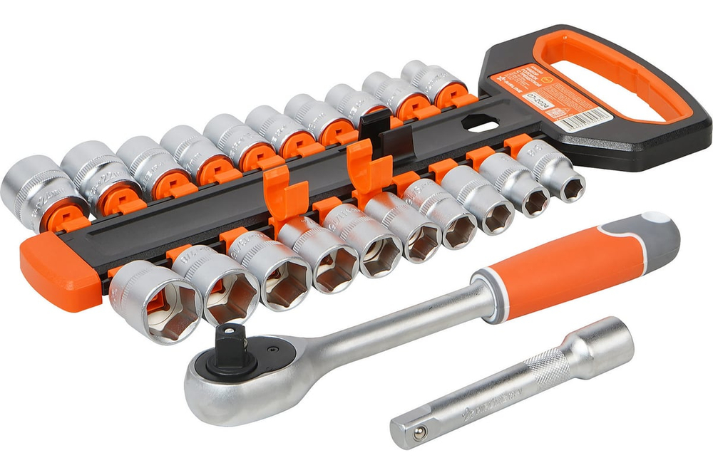 Набор головок с трещоткой 1/2" 72Т 22пр. (10-24мм, дюйм. размеры 3/8"-15/16", удл. 125мм) ATAO083 AIRLINE