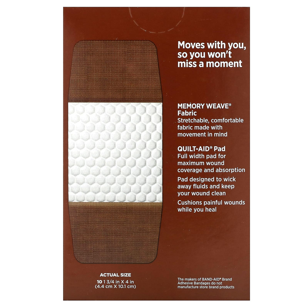 Band Aid, лейкопластыри, Нашитон, гибкая ткань, очень большие, BR55, 10 шт.