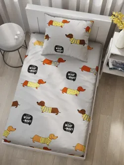Постельное белье поплин Сказка "Таксик" 1,5-сп Наволочка 50х70 см 1 шт Простынь на резинке 90x200 смПододеяльник 145x215 см