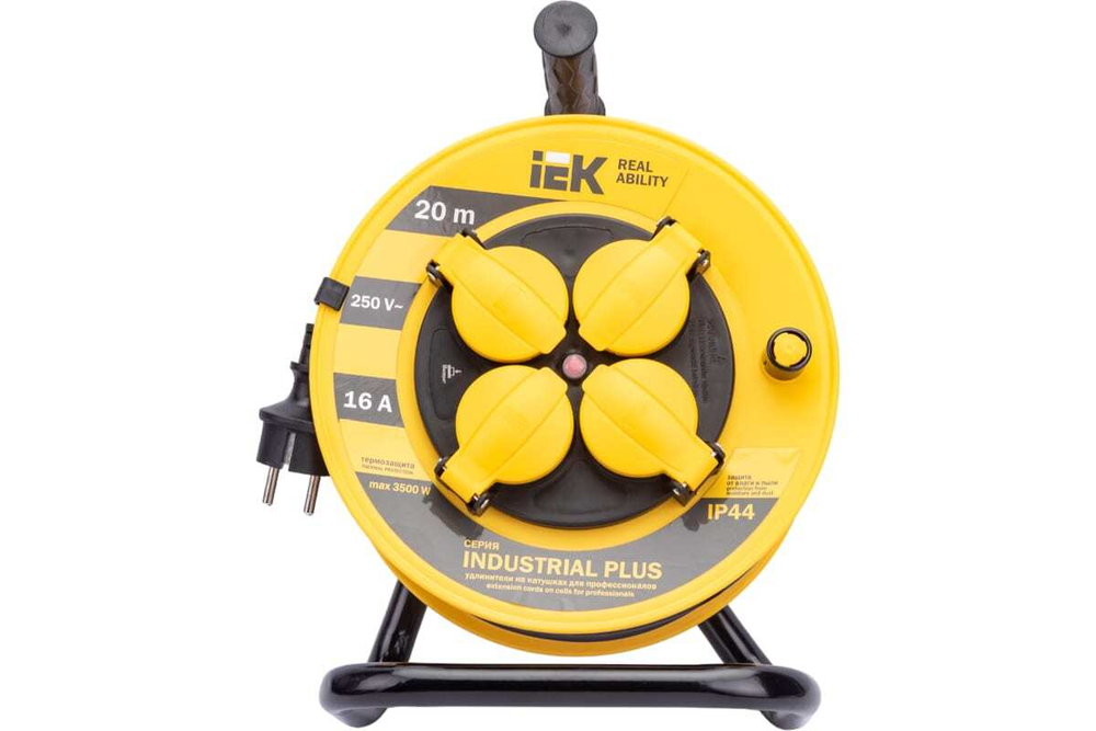 Удлинитель силовой на катушке с термозащитой 4 места 3500Вт 20м 3х1,5мм2 IP44 INDUSTRIAL PLUS IEK