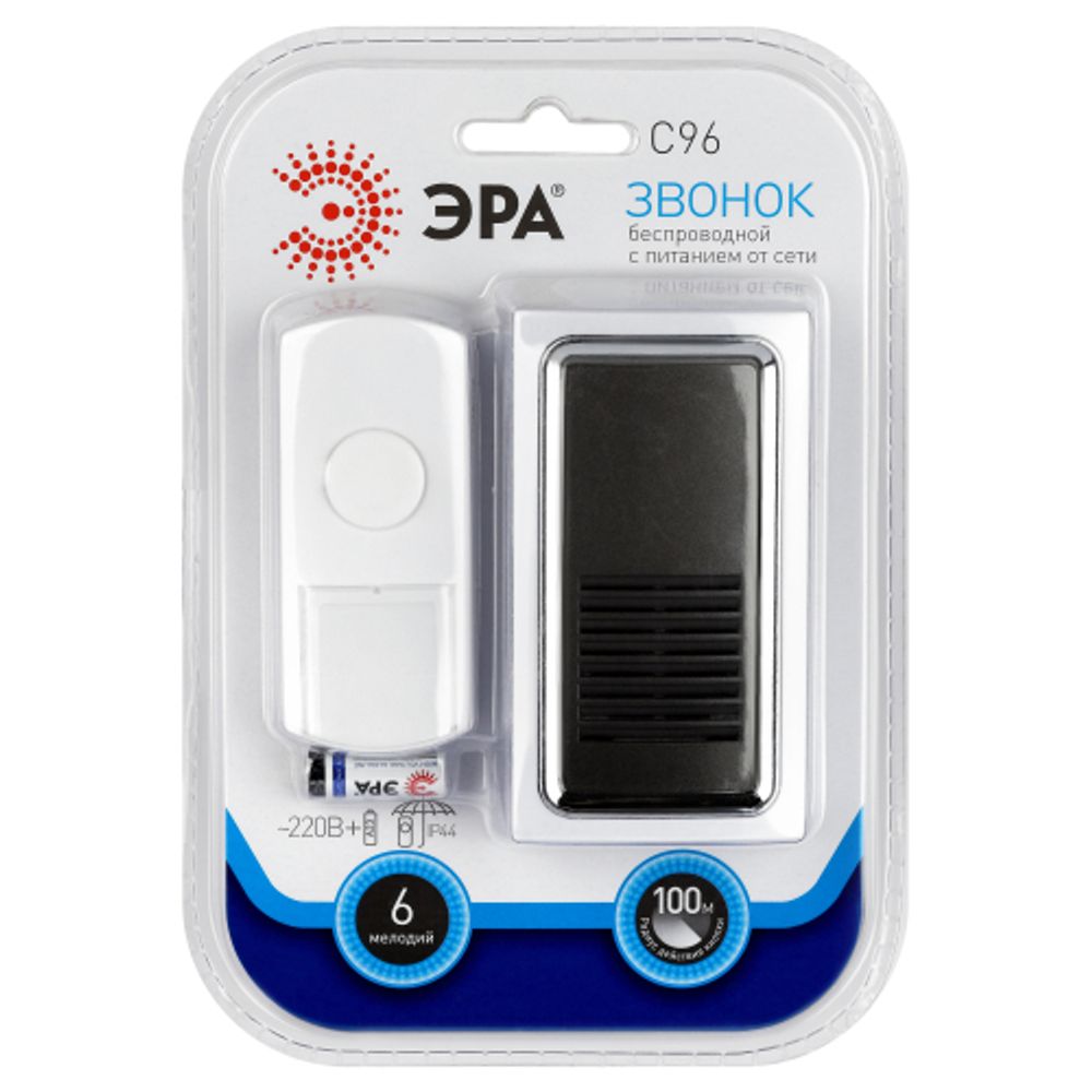 Звонок дверной ЭРА C96 беспроводной от сети белый с черным 6 мелодий | Электрозвонки беспроводные