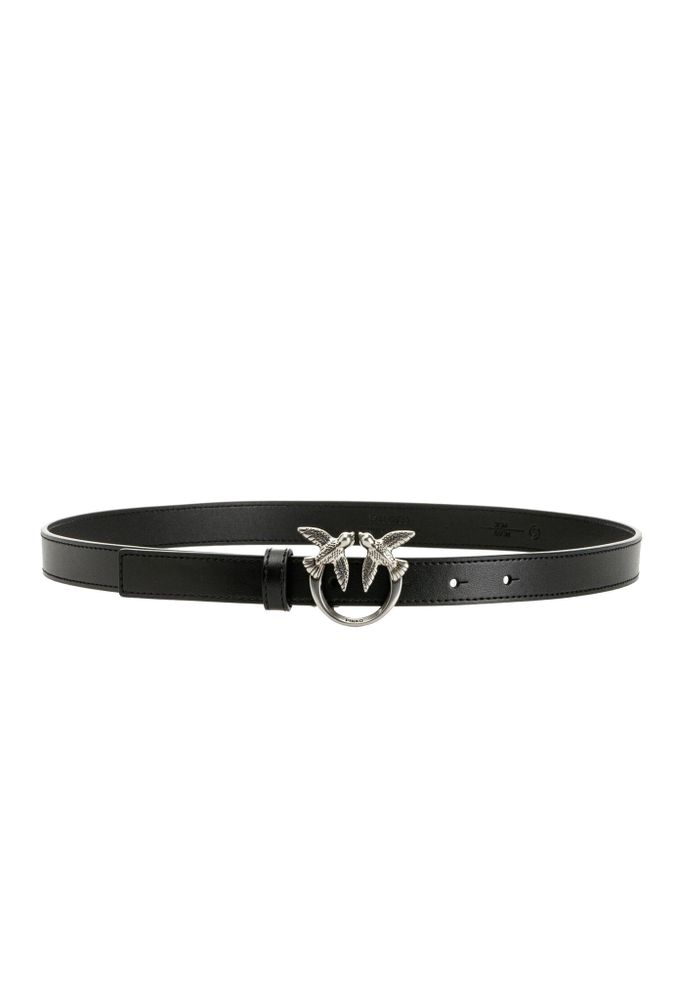 LOVE BIRDS THIN LEATHER BELT - black–silver / L (100см)- L (100см)