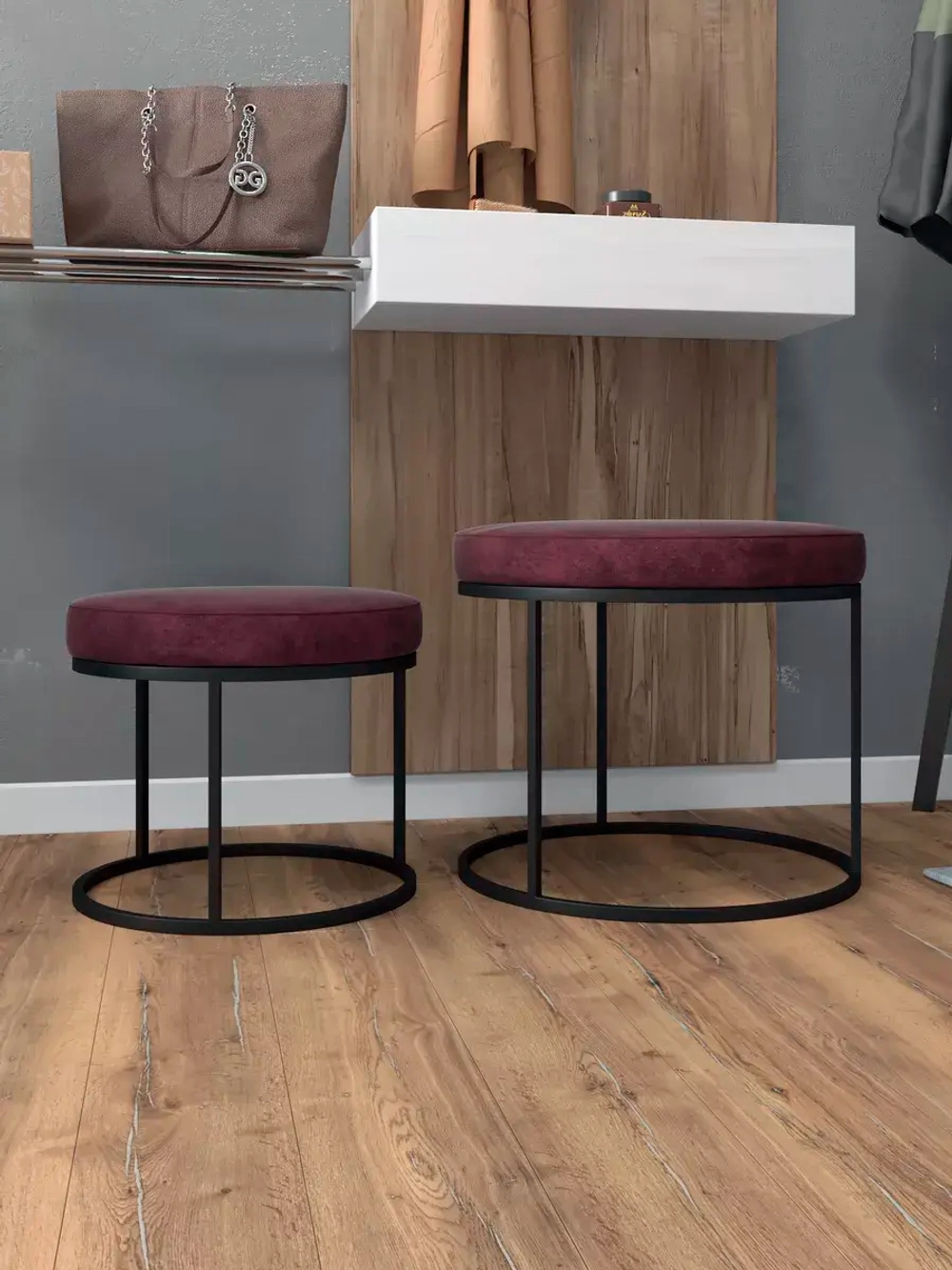 Комплект круглых банкеток - ЧБОРД - бордовое на черном