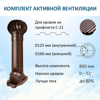 Турбодефлектор TD160, вент. выход утепленный высотой Н-700, для кровельного профнастила С-21 мм, коричневый