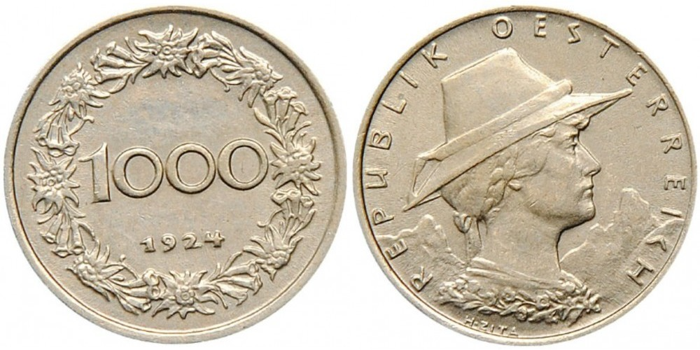 Австрия 1000 крон, 1924 Мыжчина в шляпе XF