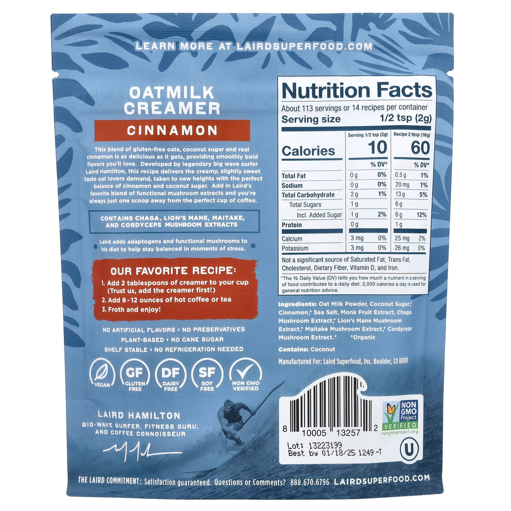 Laird Superfood, Овсяные сливки + адаптогены, корица, 227 г (8 унций)