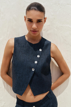 ZARA ДВУБОРТНЫЙ ЖИЛЕТ ИЗ 100% ЛЬНА, ИНДИГО